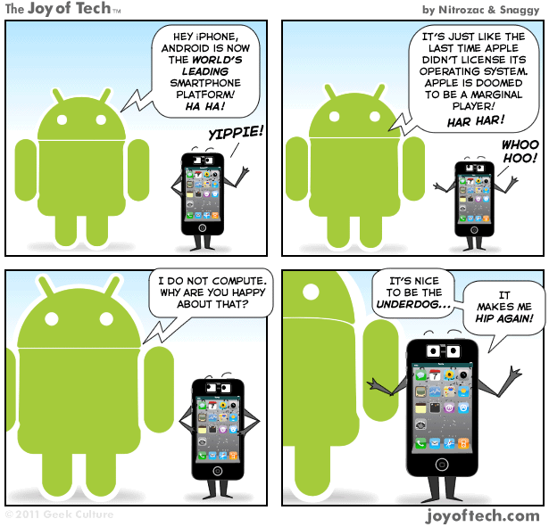 The Joy of Tech comic... iPhone's cool with Android being number 1.