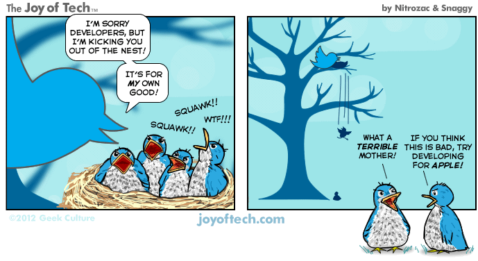 The Joy of Tech comic, Kicked out of Twitter's nest.