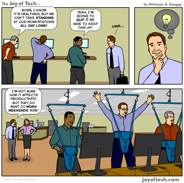 The Joy of Tech comic, Stand in the place that you work.