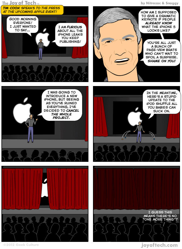 The Joy of Tech comic, The keynote Tim Cook really wants to make.