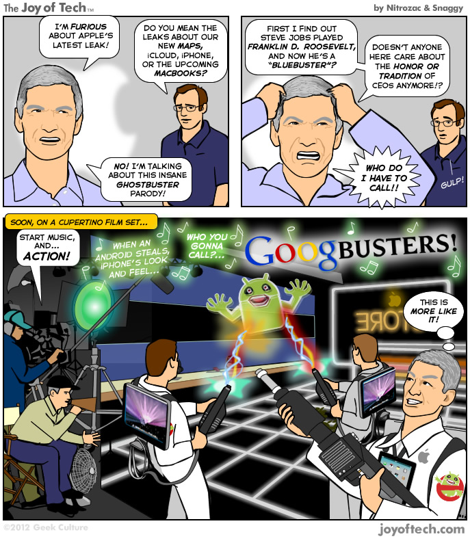 The Joy of Tech comic... Tim Cook sees red over BlueBusters.